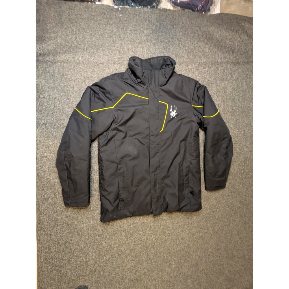 Spyder Boys Ski Jacket Black Yellow Size 18 Waterproof Windproof Zipped Pockets